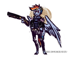 Size: 1600x1200 | Tagged: safe, artist:lya, rainbow dash, anthro, unguligrade anthro, g4, armor, clothes, colored, digital art, female, gun, kezsüel, leather jacket, military, post-apocalyptic, shotgun, sketch, solo, standing, weapon