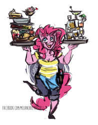 Size: 940x1200 | Tagged: safe, artist:lya, pinkie pie, earth pony, anthro, unguligrade anthro, g4, alcohol, beer, breasts, cleavage, clothes, colored, digital art, female, food, glass, jeans, kezsüel, pants, post-apocalyptic, roleplaying, sketch, solo, tray, waitress