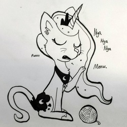 Size: 1074x1074 | Tagged: safe, artist:tjpones, princess luna, cat pony, original species, g4, female, monochrome, solo, traditional art