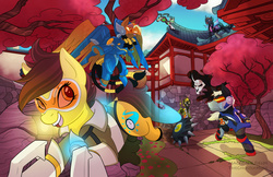 Size: 1280x828 | Tagged: safe, artist:ghostlymuse, changeling, bronycon, bronycon 2016, armor, clothes, crossover, genji (overwatch), junkrat, leap, open mouth, overwatch, pharah, ponified, print, reaper (overwatch), rip-tire, skull, soldier 76, spikes, tracer, visor, wheel, widowmaker