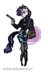 Size: 733x1103 | Tagged: safe, artist:lya, rarity, anthro, unguligrade anthro, g4, clothes, female, gun, handbag, handgun, jacket, kezsüel, post-apocalyptic, revolver, rolaplaying, skirt, solo, standing, stockings