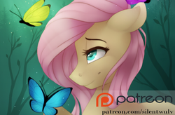 Size: 800x524 | Tagged: safe, artist:silentwulv, fluttershy, butterfly, pegasus, pony, g4, female, forest, patreon, patreon logo, solo