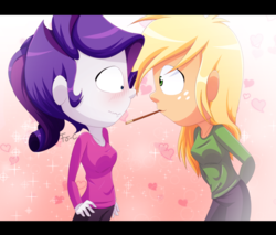 Size: 800x681 | Tagged: safe, artist:fj-c, applejack, rarity, equestria girls, g4, duo, female, food, lesbian, mikado, mouth hold, pocky, ship:rarijack, shipping