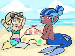 Size: 1335x1000 | Tagged: safe, artist:mt, oc, oc only, oc:dingaling, oc:maxie, satyr, beach, belly button, bikini, clothes, midriff, mt is trying to murder us, offspring, parent:derpy hooves, parent:sonata dusk, sandcastle, sunglasses, swimsuit