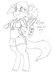 Size: 633x900 | Tagged: safe, artist:moronsonofboron, oc, oc only, oc:hope, satyr, babscon, backpack, monochrome, name tag, offspring, parent:lyra heartstrings