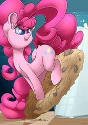 Size: 1700x2400 | Tagged: safe, artist:madacon, pinkie pie, earth pony, pony, g4, cookie, cute, diapinkes, female, food, glass, mare, milk, ponies in food, solo, tiny ponies, tongue out