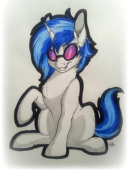 Size: 774x1032 | Tagged: safe, artist:lupiarts, dj pon-3, vinyl scratch, g4, chest fluff, cute, female, raised hoof, solo, traditional art, vinylbetes