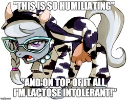 Size: 636x500 | Tagged: safe, artist:kunaike, edit, silver spoon, cow, pony, g4, animal costume, caption, clothes, costume, cowbell, female, filly, image macro, meme, silver moo, solo, udder