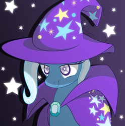 Size: 3966x4000 | Tagged: safe, artist:humbertomena, artist:mrcbleck, artist:rainbowdash, trixie, pony, unicorn, g4, clothes, collaboration, female, hat, high res, mare, signature, smiling, solo, starry eyes, trixie's cape, trixie's hat, wingding eyes, wizard hat