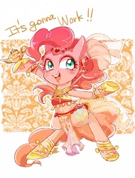 Size: 600x791 | Tagged: safe, artist:sibashen, pinkie pie, earth pony, pony, g4, belly button, belly dancer, bipedal, clothes, dancing, female, jewelry, lamp, loincloth, midriff, oil lamp, positive ponies, see-through, smiling, solo, tail veil, talking, veil