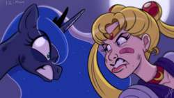 Size: 1280x720 | Tagged: safe, artist:psicoyote, princess luna, human, pony, g4, angry, bandage, black eye, bruised, crossover, duo, eye contact, female, feud, fight, glare, gritted teeth, human and pony, moon, night, sailor moon (series)