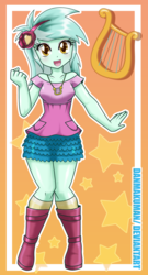 Size: 1621x3000 | Tagged: safe, artist:danmakuman, lyra heartstrings, human, equestria girls, g4, boots, breasts, clothes, cute, female, flower, flower in hair, looking at you, lyrabetes, lyre, miniskirt, musical instrument, shoes, shorts, skirt, solo