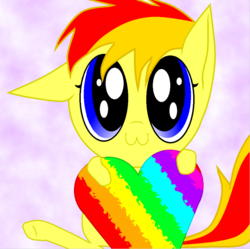 Size: 774x772 | Tagged: safe, artist:sapphire-kitty, oc, oc only, oc:firebolt, pegasus, pony, :3, abstract background, cute, floppy ears, gradient background, heart, looking at you, rainbow, sitting, smiling, solo, underhoof