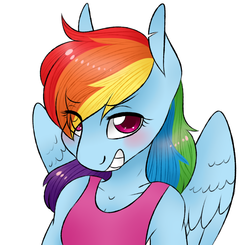 Size: 1280x1253 | Tagged: safe, artist:bubbleburst, rainbow dash, anthro, g4, blushing, clothes, female, looking at you, simple background, solo, tank top