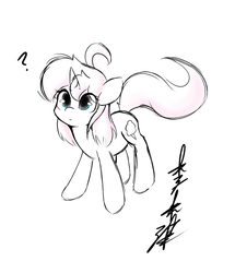 Size: 1011x1177 | Tagged: safe, artist:lightningnickel, oc, oc only, oc:cotton candy, pony, unicorn, female, mare, monochrome, partial color, question mark, signature, simple background, solo