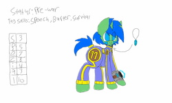 Size: 1600x960 | Tagged: safe, artist:chillywilly, oc, oc only, oc:chilly willy, pony, unicorn, fallout equestria, clothes, fallout, gem, jewelry, jumpsuit, necklace, pipbuck, reference sheet, solo, vault suit