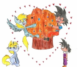 Size: 963x829 | Tagged: safe, artist:goremistress, derpy hooves, dinky hooves, pegasus, pony, g4, crossover, dragon ball, dragon ball z, dragonball z abridged, female, food, mare, muffin, son gohan, son goku