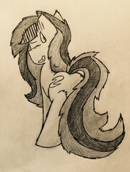 Size: 2448x3264 | Tagged: safe, artist:toothpastethy, oc, oc only, ^^;, both cutie marks, butt, cute, embarrassed, eyes closed, fluffy, high res, looking back, pencil drawing, plot, sketch, smiling, sweatdrop, traditional art, two toned mane