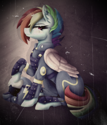 Size: 829x963 | Tagged: safe, artist:monnarcha, edit, rainbow dash, pegasus, pony, g4, the cutie re-mark, alternate timeline, amputee, apocalypse dash, augmented, clothes, crystal war timeline, female, helmet, mare, prosthetic limb, prosthetic wing, prosthetics, solo, torn ear