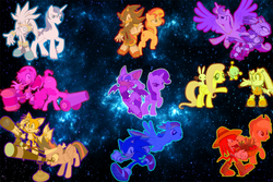 Size: 900x600 | Tagged: safe, artist:trungtranhaitrung, angel bunny, applejack, fluttershy, pinkie pie, princess cadance, rainbow dash, rarity, shining armor, sunset shimmer, twilight sparkle, alicorn, chao, pony, unicorn, g4, amy rose, basket, blaze the cat, colored, cream the rabbit, crossover, fruit, knuckles the echidna, male, mane six, miles "tails" prower, party cannon, piko piko hammer, rouge the bat, shadow the hedgehog, silver the hedgehog, sonic the hedgehog, sonic the hedgehog (series), space, telescope, twilight sparkle (alicorn), vegetables
