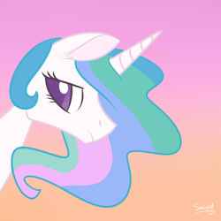 Size: 900x900 | Tagged: safe, artist:flourret, princess celestia, alicorn, pony, g4, bust, ear fluff, evening, female, frown, gradient background, mare, missing accessory, outdoors, portrait, sad, signature, sky, solo