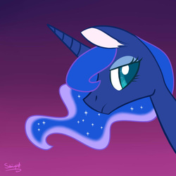 Size: 900x900 | Tagged: safe, artist:flourret, princess luna, alicorn, pony, g4, ear fluff, evening, female, frown, gradient background, lidded eyes, mare, missing accessory, outdoors, sad, signature, sky, solo