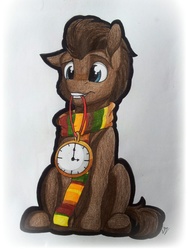 Size: 774x1032 | Tagged: safe, artist:lupiarts, doctor whooves, time turner, pony, g4, background pony, clock, clothes, cute, male, mouth hold, scarf, sitting, solo, stallion, time