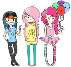 Size: 1067x1000 | Tagged: safe, artist:soullessteddybear, fluttershy, pinkie pie, rainbow dash, human, g4, adventure time, clothes, female, humanized, male, simple background, style emulation, sweater, sweatershy, transparent background, trio, trio female
