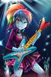 Size: 600x901 | Tagged: safe, artist:tzc, rainbow dash, equestria girls, friendship through the ages, g4, my little pony equestria girls: rainbow rocks, 80s, alternate hairstyle, clothes, electric guitar, female, fishnet stockings, guitar, guitar pick, jewelry, musical instrument, nail polish, necklace, rainbow punk, rockin' hair, skirt, solo, sweat, wink