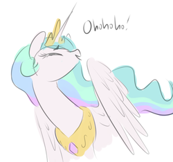 Size: 1515x1418 | Tagged: dead source, safe, artist:nobody, princess celestia, alicorn, pony, g4, dialogue, female, laughing, mare, noblewoman's laugh, open mouth, simple background, smiling, solo, spread wings, white background, wing hands