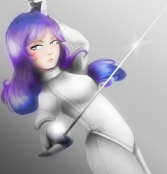 Size: 633x663 | Tagged: safe, artist:gamblingfoxinahat, oc, oc only, oc:amber grace, human, epee, fencing, humanized, humanized oc, leotard, offspring, parent:fancypants, parent:rarity, parents:raripants, solo, sword, weapon