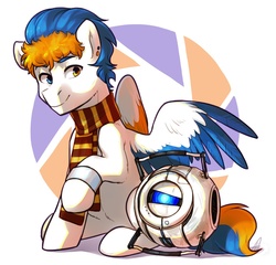 Size: 1127x1080 | Tagged: safe, artist:maccoffee, oc, oc:alanrepick, pegasus, pony, clothes, heterochromia, looking at you, personality core, ponified, portal (valve), portal 2, raised hoof, scarf, smiling, spread wings, wheatley