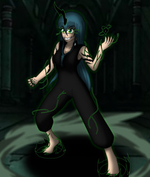 Size: 3923x4659 | Tagged: safe, artist:tyron91, queen chrysalis, human, g4, absurd resolution, crossover, female, grin, humanized, magic, medusa gorgon, smiling, solo, soul eater