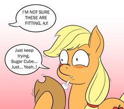 Size: 1339x1174 | Tagged: safe, artist:foxbeast, applejack, g4, blushing, breath, dialogue, fanning, fanning self, gradient background, offscreen character, solo focus, wide eyes