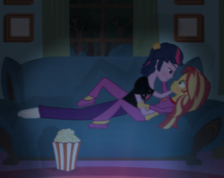 Size: 1838x1461 | Tagged: dead source, safe, artist:drewmwhit, sunset shimmer, twilight sparkle, equestria girls, g4, blushing, clothes, dusk shine, equestria guys, female, food, half r63 shipping, male, pajamas, popcorn, rule 63, ship:duskshimmer, ship:sunsetsparkle, shipping, straight