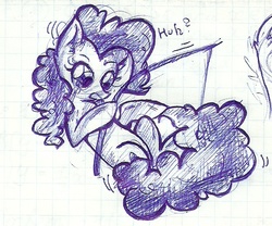 Size: 660x549 | Tagged: safe, artist:renaifoxi, pinkie pie, g4, female, fishing hook, fishing rod, monochrome, solo, stuck