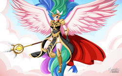 Size: 2560x1600 | Tagged: safe, artist:mysticalpha, princess celestia, anthro, plantigrade anthro, g4, armor, female, flying, large wings, solo, spread wings, staff, valkyrie