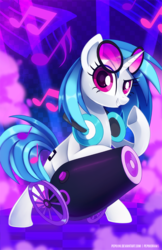 Size: 588x909 | Tagged: safe, artist:pepooni, dj pon-3, vinyl scratch, pony, unicorn, g4, bass cannon, cutie mark, female, headphones, hooves, horn, mare, music notes, smiling, solo, sunglasses, teeth