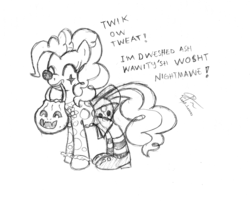 Size: 2120x1712 | Tagged: safe, artist:leadhooves, pinkie pie, g4, clothes, clown, costume, fashion disaster, female, monochrome, mouth hold, sketch, solo, tutu