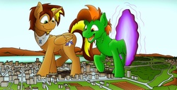 Size: 1600x816 | Tagged: dead source, safe, artist:fandroit, oc, oc only, oc:brightmind, oc:fandroit, alicorn, earth pony, pony, city, crushing, destruction, doomsday, giant pony, growth, macro, male, mega giant, portal, rampage, stallion, stomping