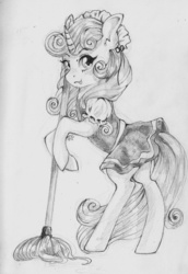 Size: 955x1387 | Tagged: safe, artist:renaifoxi, sweetie belle, pony, g4, bipedal, clothes, female, maid, monochrome, mop, solo, tongue out