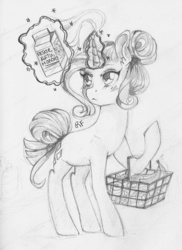 Size: 857x1179 | Tagged: safe, artist:renaifoxi, rarity, g4, alternate hairstyle, banana, female, food, milk, monochrome, russian, shopping, solo