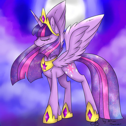 Size: 5000x5000 | Tagged: safe, artist:allisonbacker, twilight sparkle, alicorn, pony, g4, absurd resolution, cloud, eyes closed, female, moon, solo, spread wings, twilight sparkle (alicorn)