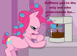 Size: 550x400 | Tagged: dead source, safe, artist:americanninjax, artist:matthewrhumphreys, pinkie pie, earth pony, pony, g4, coffee, coffee machine, female, hair curlers, mare, misspelling, morning ponies, solo