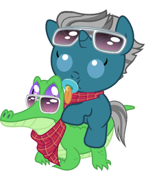 Size: 836x967 | Tagged: safe, artist:red4567, fashion plate, gummy, pony, canterlot boutique, g4, baby, baby pony, bandana, cute, fashion plate riding gummy, pacifier, ponies riding gators, riding, sunglasses, weapons-grade cute