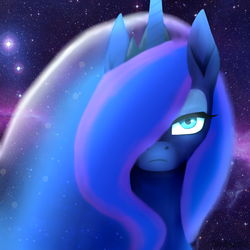 Size: 1024x1024 | Tagged: safe, artist:alexrosebeth, princess luna, g4, female, looking at you, luna is not amused, solo, space, unamused