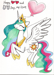 Size: 2158x2987 | Tagged: safe, artist:catscratchpaper, princess celestia, g4, balloon, cute, cutelestia, eyes closed, female, heart, heart balloon, hearts and hooves day, high res, mouth hold, solo, valentine, valentine's day