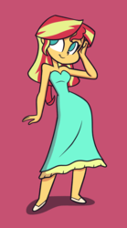 Size: 2500x4500 | Tagged: safe, artist:khuzang, sunset shimmer, equestria girls, g4, bare shoulders, beautiful, clothes, cute, dress, female, no catchlights, no pupils, red background, shimmerbetes, simple background, solo, strapless