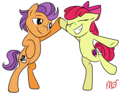 Size: 1024x768 | Tagged: safe, artist:siekit442, apple bloom, tender taps, earth pony, pony, g4, bipedal, cutie mark, dancing, female, filly, simple background, smiling, the cmc's cutie marks, transparent background