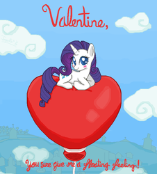 Size: 667x737 | Tagged: safe, artist:tlk-peachii, rarity, g4, balloon, balloon riding, blushing, cloud, female, floating, heart balloon, looking at you, prone, solo, that pony sure does love balloons, valentine, valentine's day